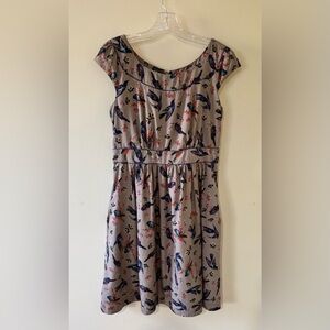 EMILY AND FIN vintage inspired RACHEL DRESS bird print midi LARGE gray